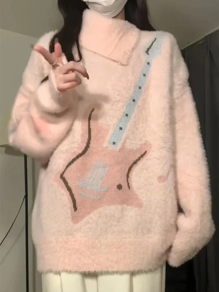 

Милый розовый свитер со звездами гитары Mujer 2024, осенняя новая водолазка, пушистые пуловеры Y2k, свободные женские топы с длинными рукавами