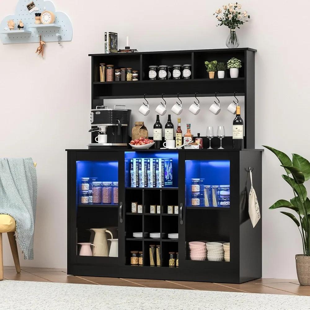 Farmhouse LED Coffee Bar w/60000-color Lights,Power Outlet,7 Hooks,9Wink Racks,Adjustable Shelf