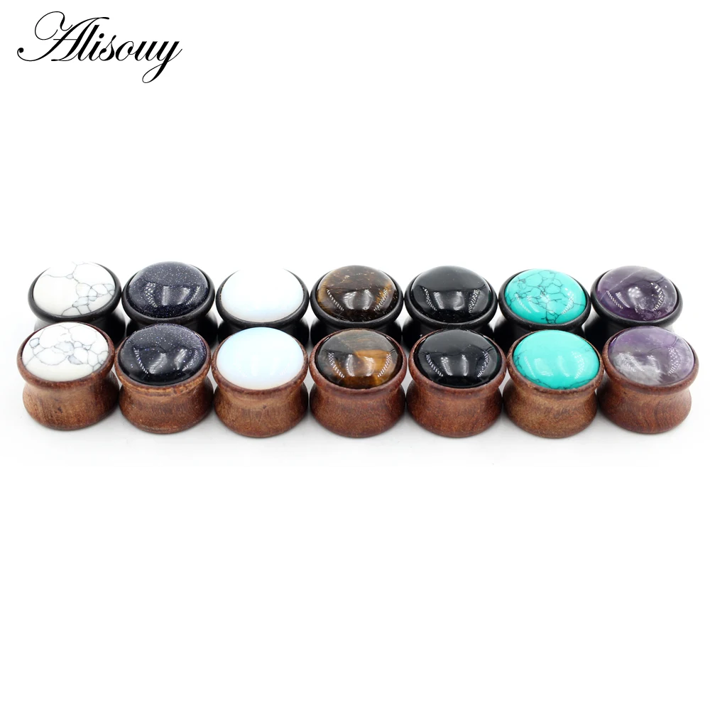 Alisouy 2PCS Natural Wood Opal Stone Flared Ear Plugs Tunnels Flesh Stretcher Guages Earrings Expander Piercing Body Jewelry