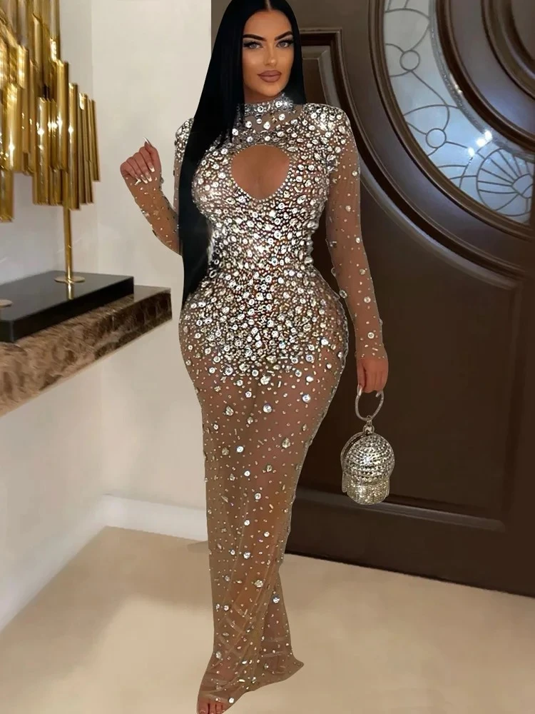 فستان ماكسي طويل من قطعة واحدة من حجر الراين الفضي للنساء فساتين حفلات شفافة ترتر شفافة ملابس المشاهير ملابس النادي