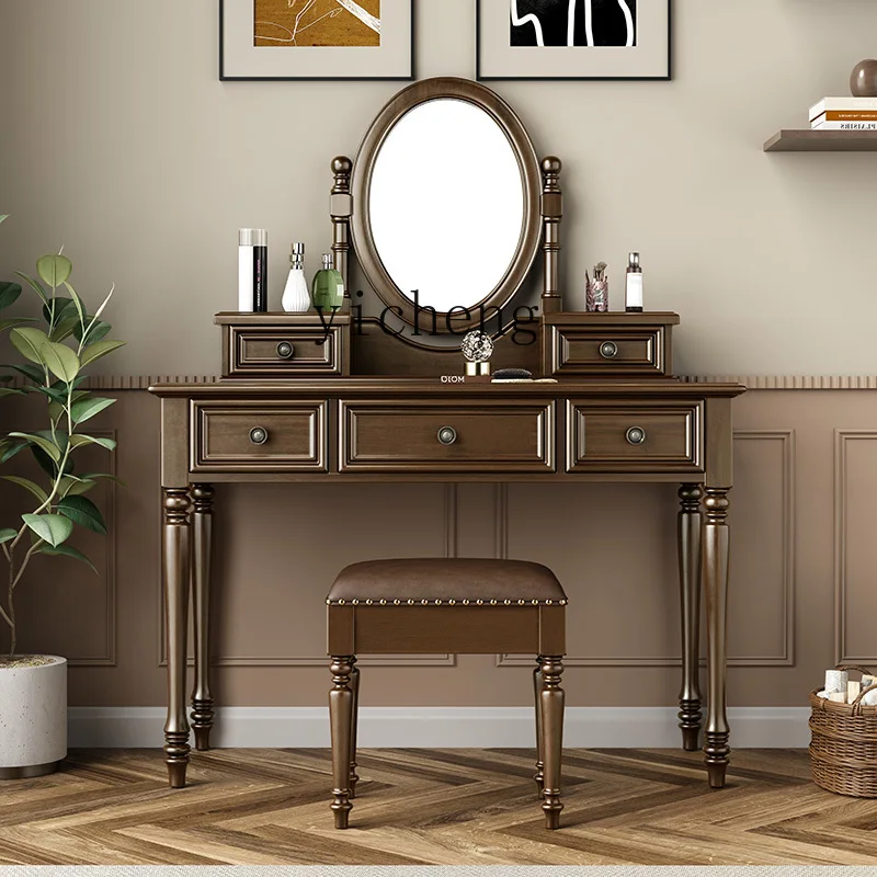l23 All Solid Wood Dresser, Bedroom Makeup Table With Mirror Integrated Small Apartment Retro Desk With Pump