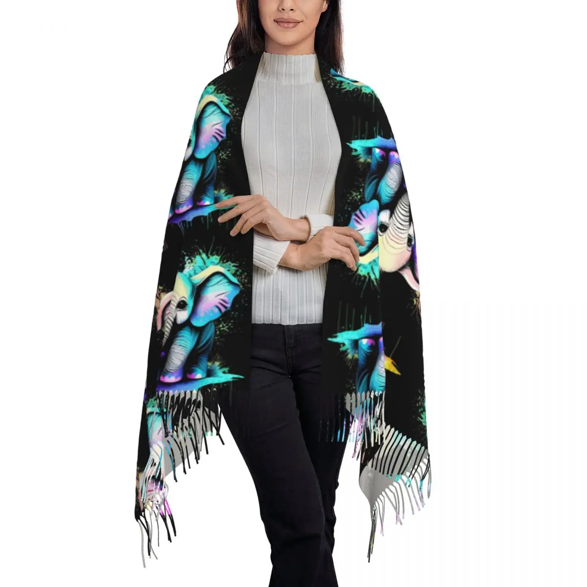 Colorful Elephant Scarf Tassel Scarves for Women Soft Warm Shawls and Wraps Long Fall Winter Shawl Wrap