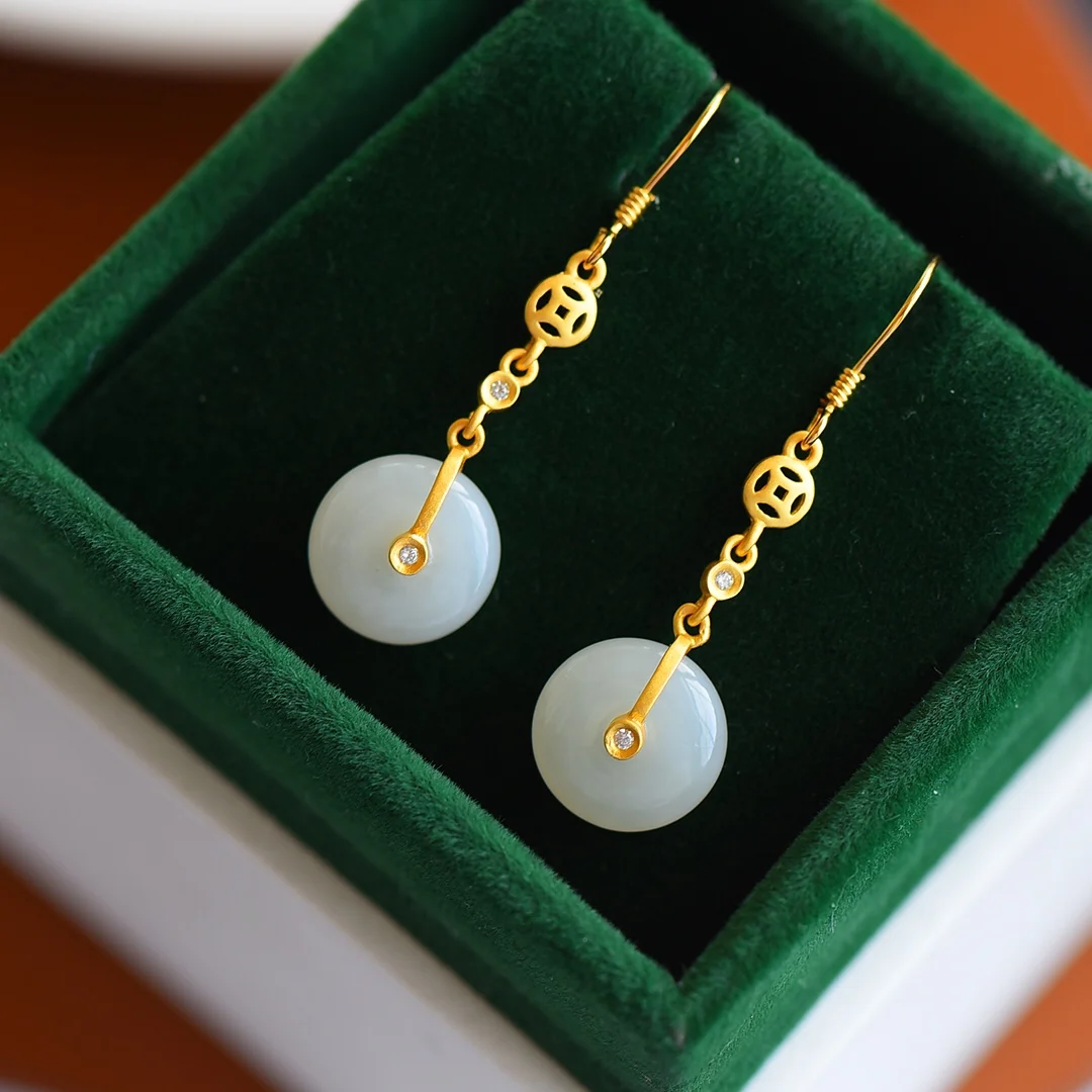 

2365-6# Sweet Lady Women HETIAN Round Disk White Jade S925 Pure Silver Natural Nephrite Cheongsam Earrings