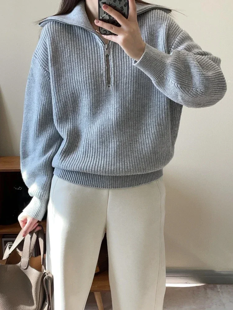 

2025 Autumn and Winter New Women's Sweater Semi-zipper Casual Solid Color Knitwear Sweater Simple Loose Long Sleeves Pullover