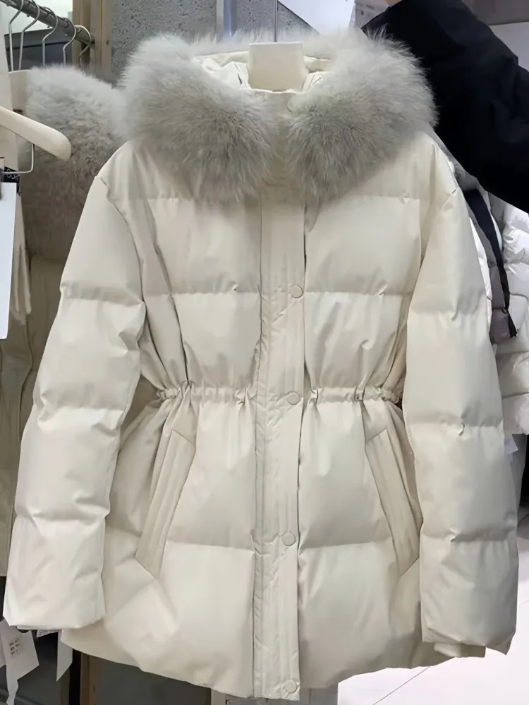 Korean Ladies Versatile Warm Hooded Loose Jacket Solid Color Long Sleeves Down Coat Fashion Single-Breasted Thick Outerwear