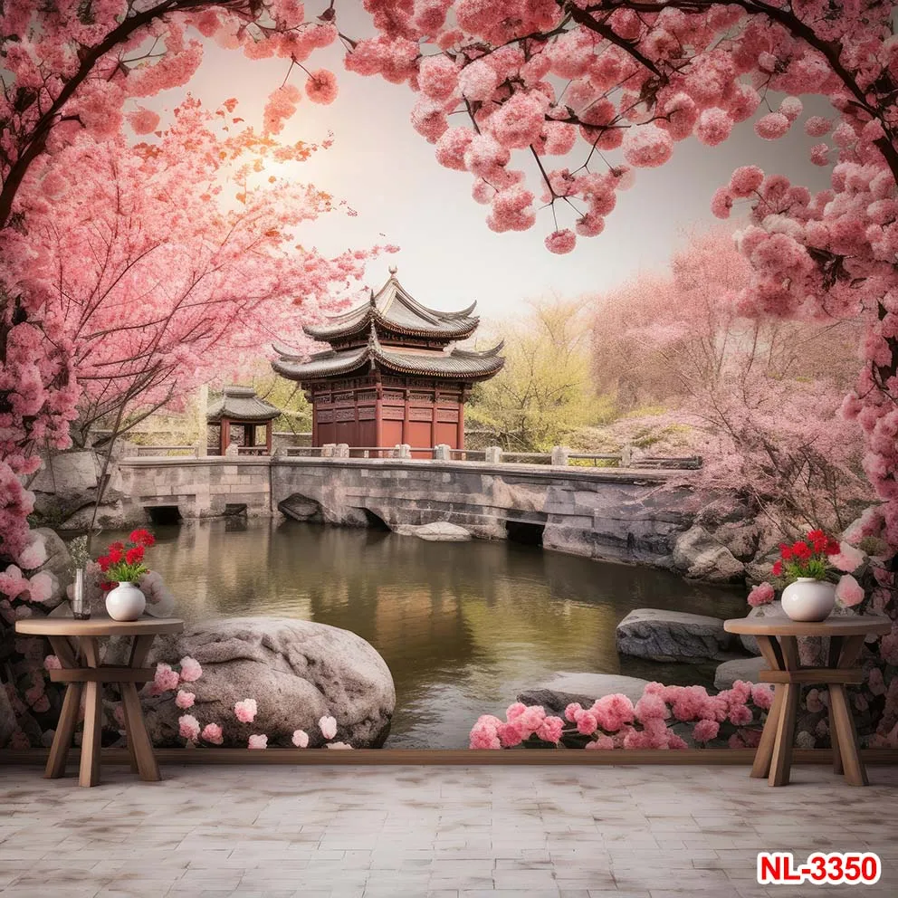 Japanese Style Photographic Backdrops Pink Cherry Blossom Tree Sakura Mount Fuji Traditional Attic Room Decoration Backgrounds