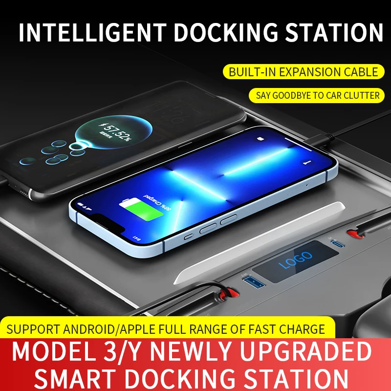 For Tesla Model Y Model 3 Smart Docking Station PD Type C Hub Quick Charger USB LED Shunt Hub Extension Model 3Y Car Accessories