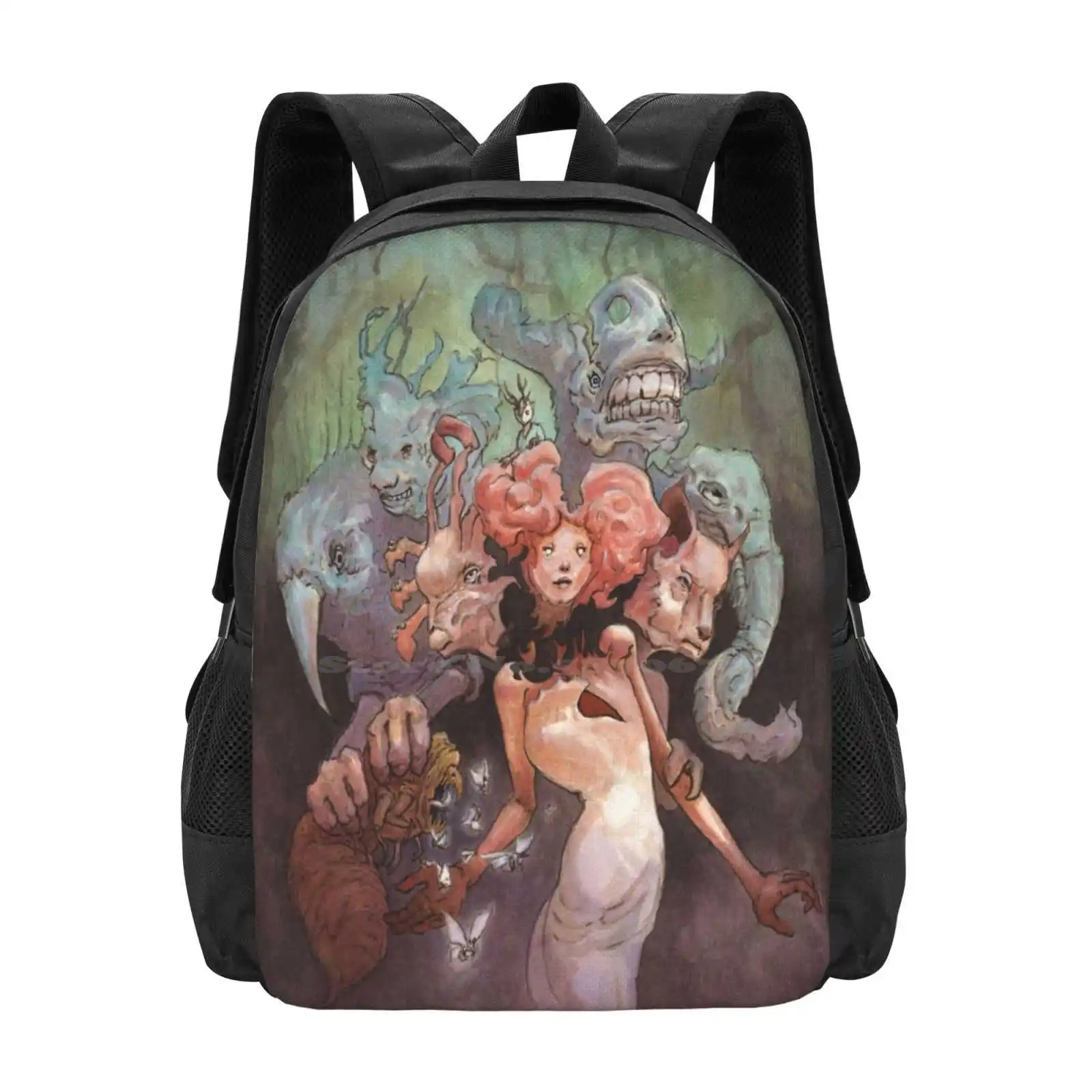 The Fanglehorn Troupe Hot Sale Schoolbag Backpack Fashion Bags Different Unusual Bold Line Ink Pencil Trees Girl Landscape