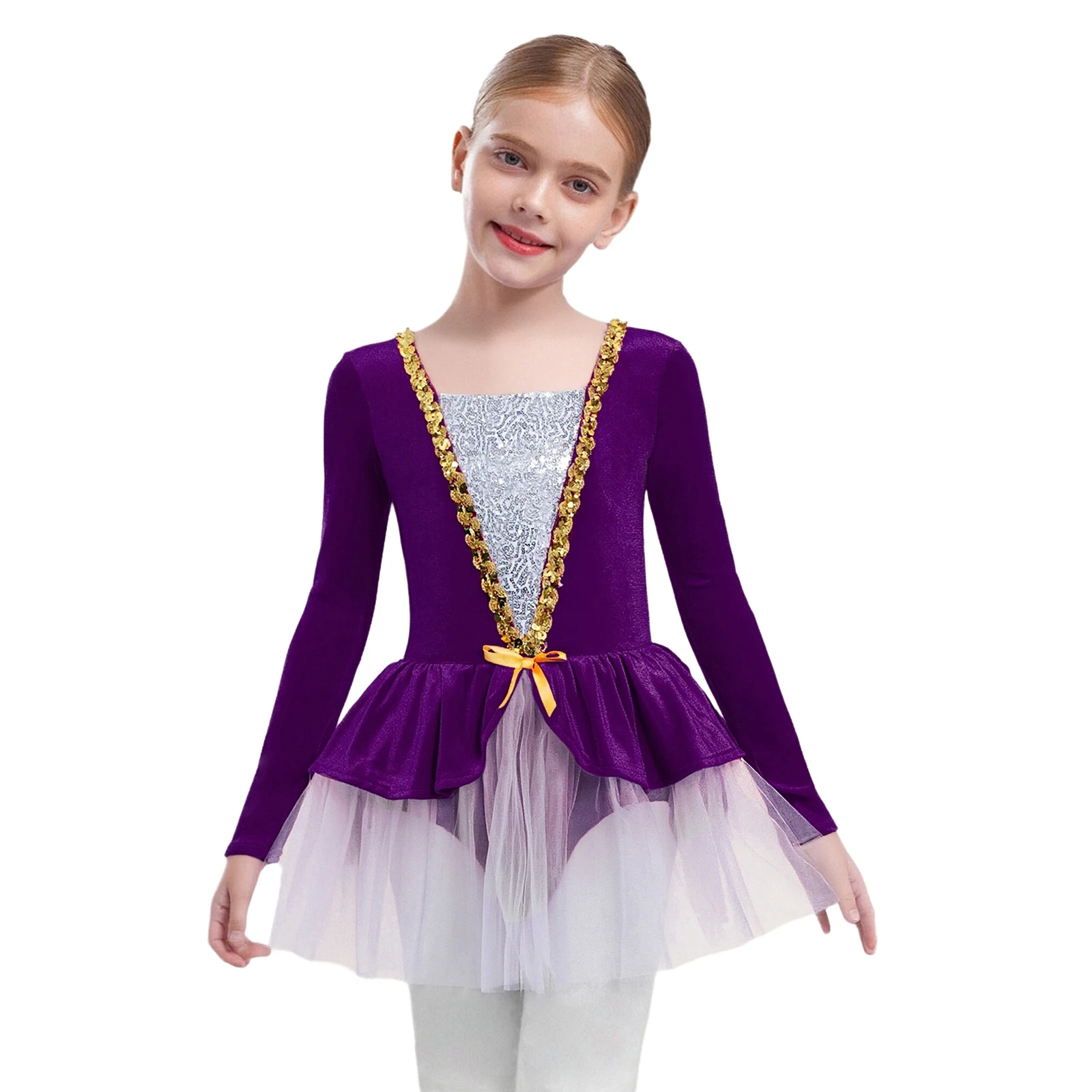 Mädchen Ballett Tanz Eiskunstlauf Kostüm Langarm Glänzendes Pailletten Samtkleid Gymnastikanzug für Weihnachten Karneval Party
