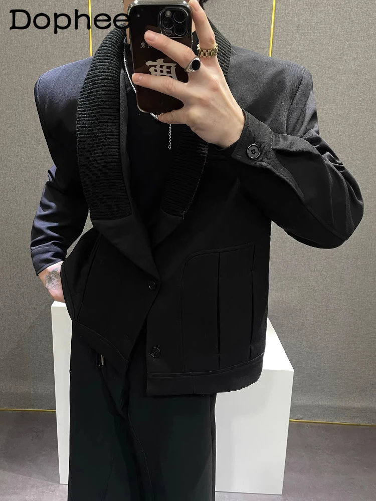 

Men's 2025 Autumn New High-End Coats Male Handsome Padded Shoulder Loose Comfort Jackets Men's Knitted Splicing Lapel Jackets