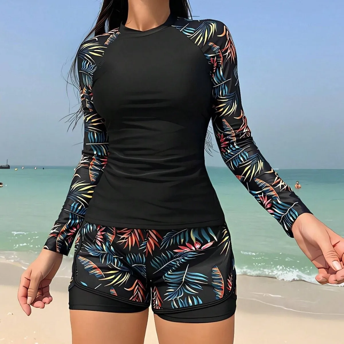 Women's Two-Piece Tankini Swimsuit with Long Sleeves, Printed, Patchwork Design, and Double-Layer Waistband
