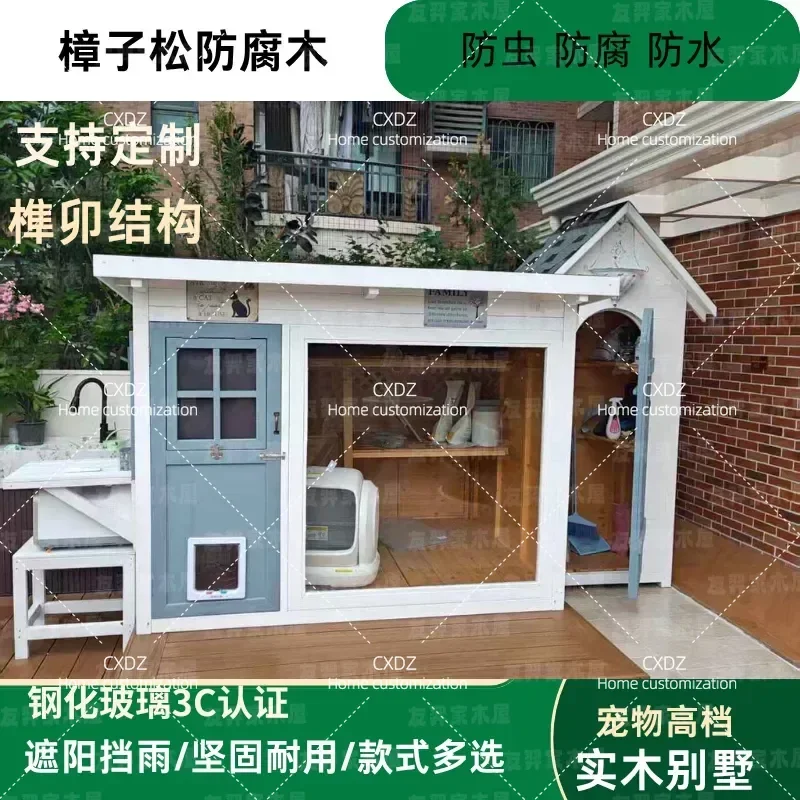 Customized Solid Wood Cat Villa Outdoor Weatherproof Kennel Rain Sun Protection Four Seasons Universal Warm House for Cats