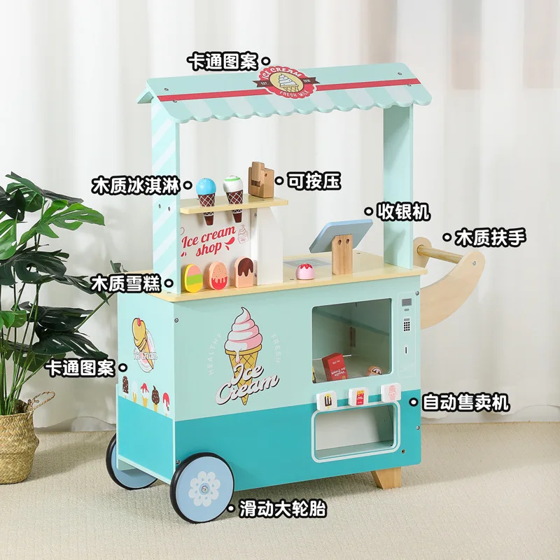 Children Cosplay Pink Wooden Ice Cream Truck Game Educational Simulation Pretending Grocery Store Boy Girl Kitchen Toys