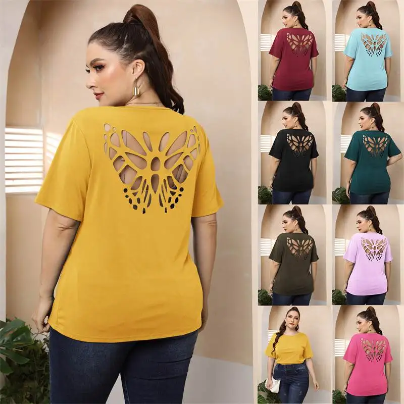 

L4XL Summer Casual T-irt Women plus Size Fat Ladies Tops Street Sle round Ne ort Sve Hollow out Loose Fit Printed
