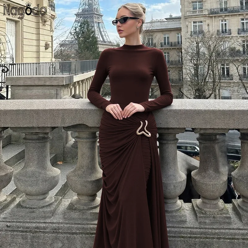

Nagodo Summer Women's Party Dress Slim Bodycon Maxi Dresses Long Sleeve O-Neck High Waist Evening Gowns Brown Black Vestidos