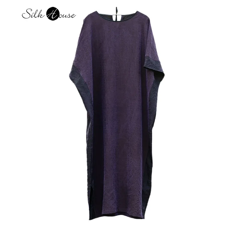 

Women's Fashion Autumn New High End 100% Natural Mulberry Silk Fragrant Cloud Yarn Purple Loose Round Neck Short Sleeve Dress