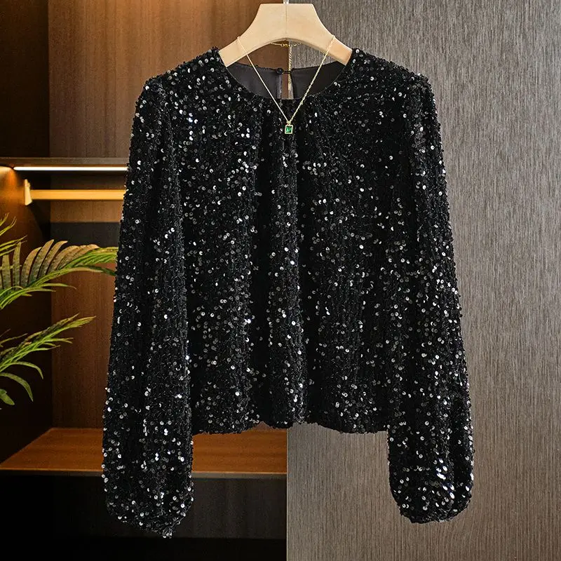 blouse women  2024 New Sequins Velvet Fashion Long Sleeve Chic Top Versatile Jacket Design Sense Niche  blouse