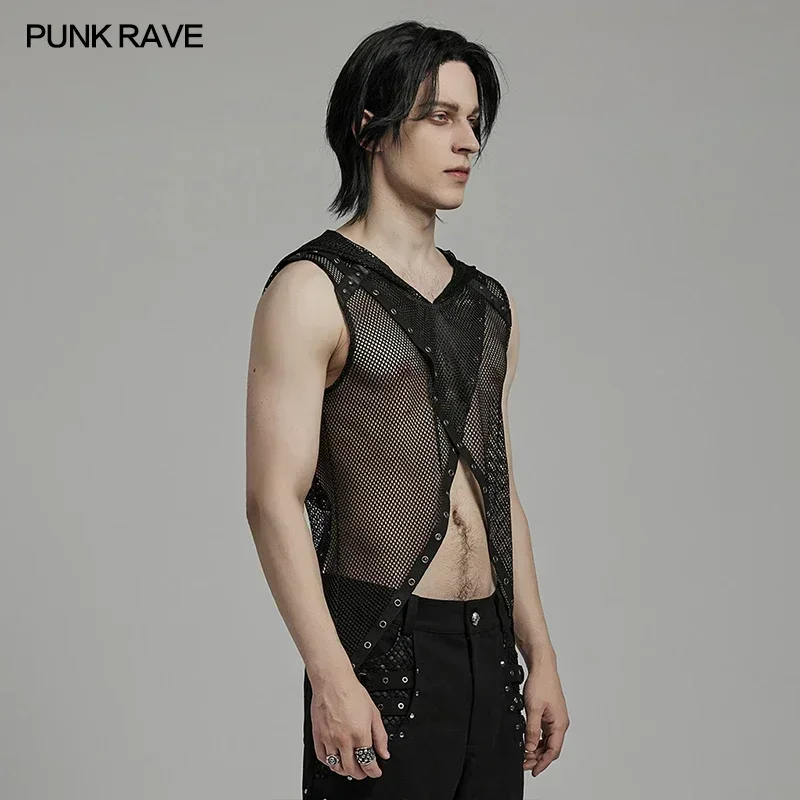 PUNK RAVE Men's Punk Style Unique Two-piece Hooded Vest Sexy Hollow Out Design Personalized Bold Cool Handsome Tops