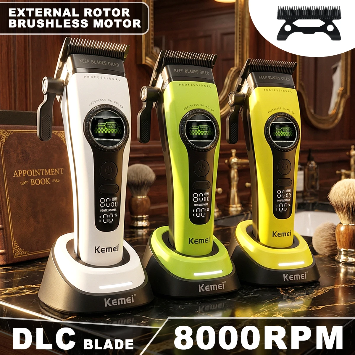 KEMEI KM-1593 External Rotor Brushless Motor Professional Men's Hair Clipper DLC 8000RPM Base Charger Hair Cutting Machine