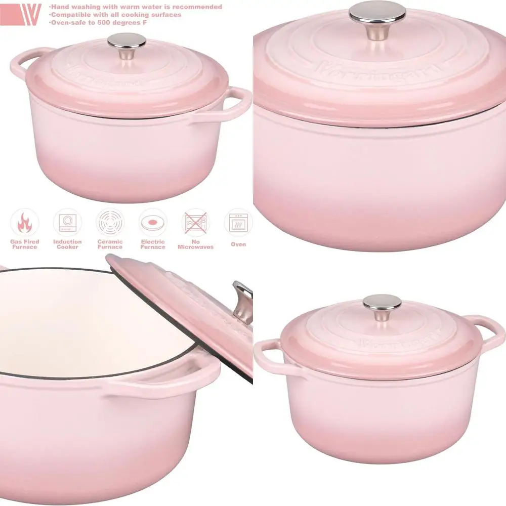 

Pink 6-Quart Round Enamel Cast Iron Dutch Oven with Lid for Sourdough Bread Baking