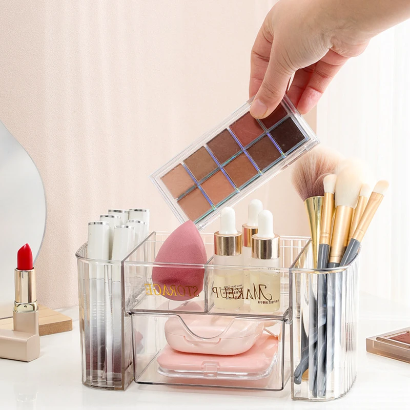 Caixa de Armazenamento de Cosméticos à Prova de Poeira com Múltiplos Compartimentos, Tipo Gaveta, Simples e Transparente para Organização de Mesa