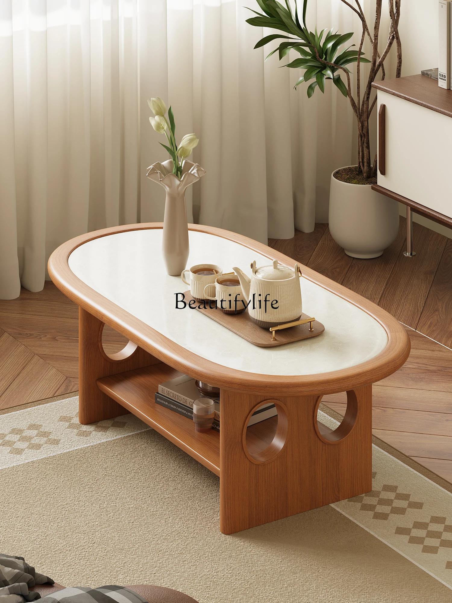 

Solid Wood Double Oval Coffee Table for Living Room, Home Sofa Side Table, Small Apartment Small Table