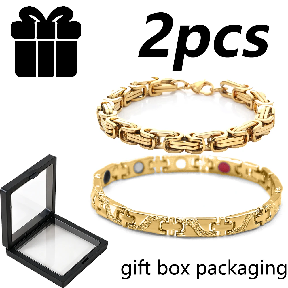 2Pcs Gold Plated Magnetic Bracelet Set, Men's Health Therapy Link Chain Bracelet, Luxury Magnet Jewelry Gift Set for Men