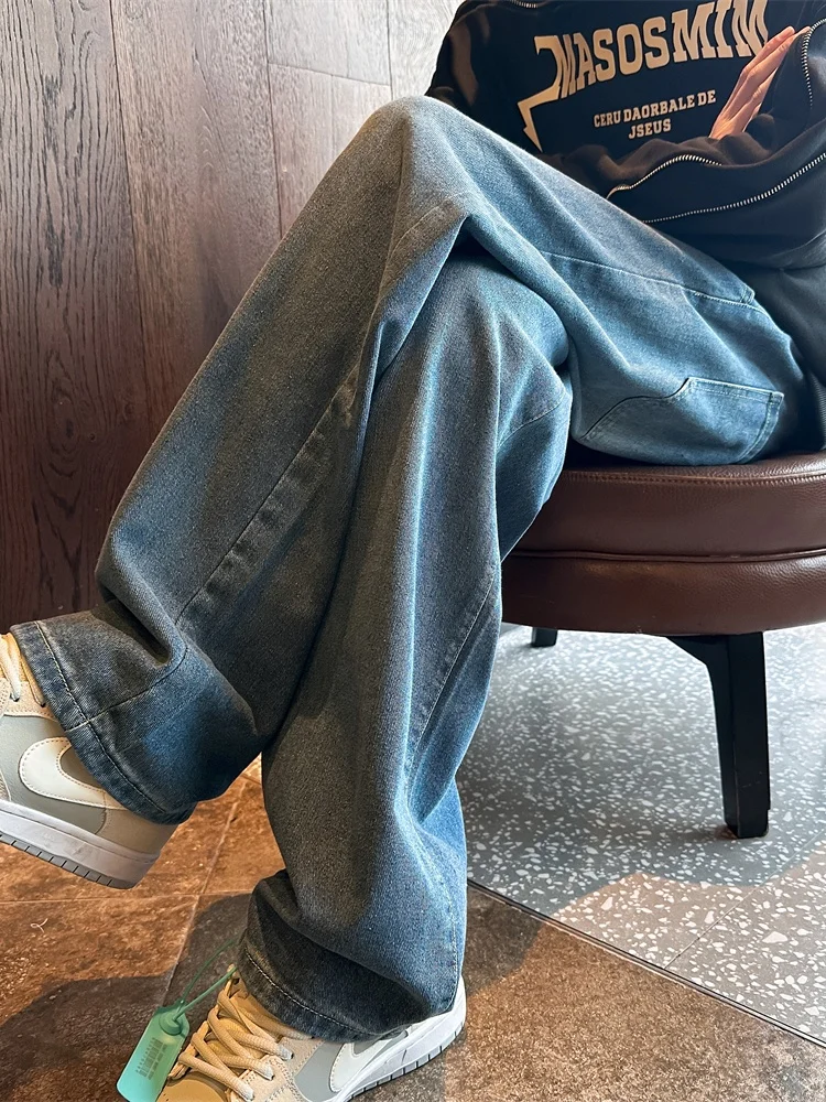 

American Sle Men's Summer Thin Straight Leg Jeans Drapey Loose Wide Leg Pants Casual Long Trousers Trendy Brand Jeans
