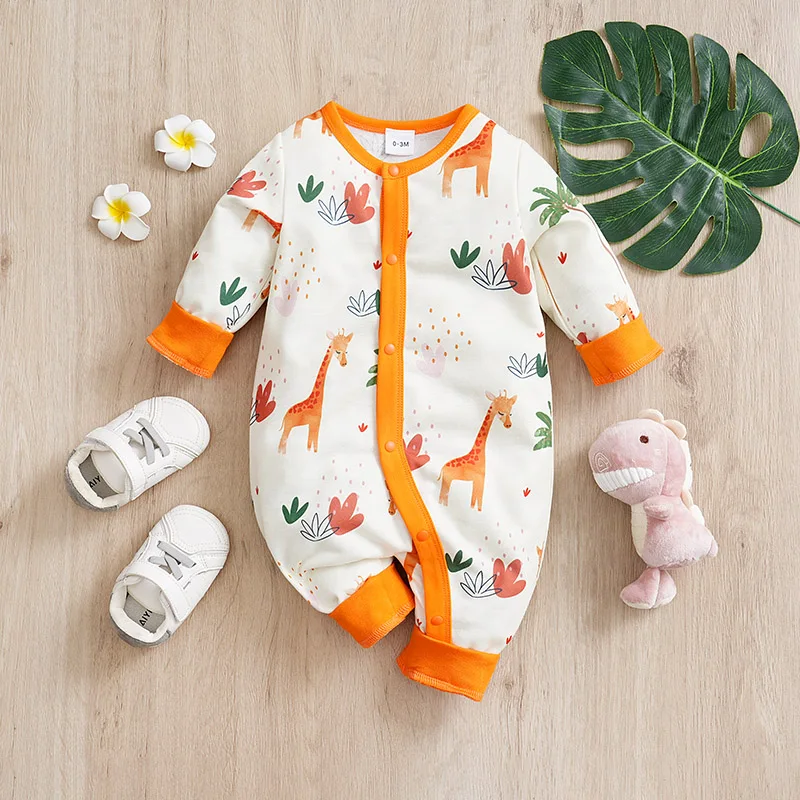 Spring And Autumn Boys And Girls Cute Cartoon Giraffe Print Comfortable Casual Long Sleeve Baby Bodysuit