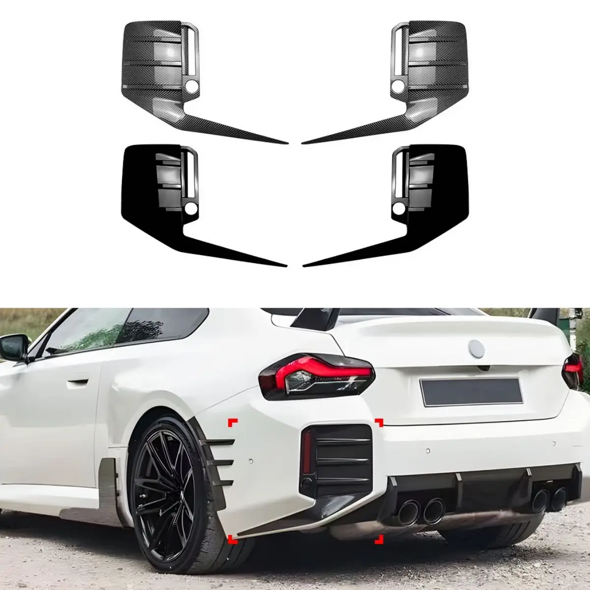 

Rear Bumper Side Air Vent Trim Spoiler For BMW 2 Series M2 G87 2023-2025 Carbon Fiber Look/Gloss Black Fog Light Frame Cover Kit