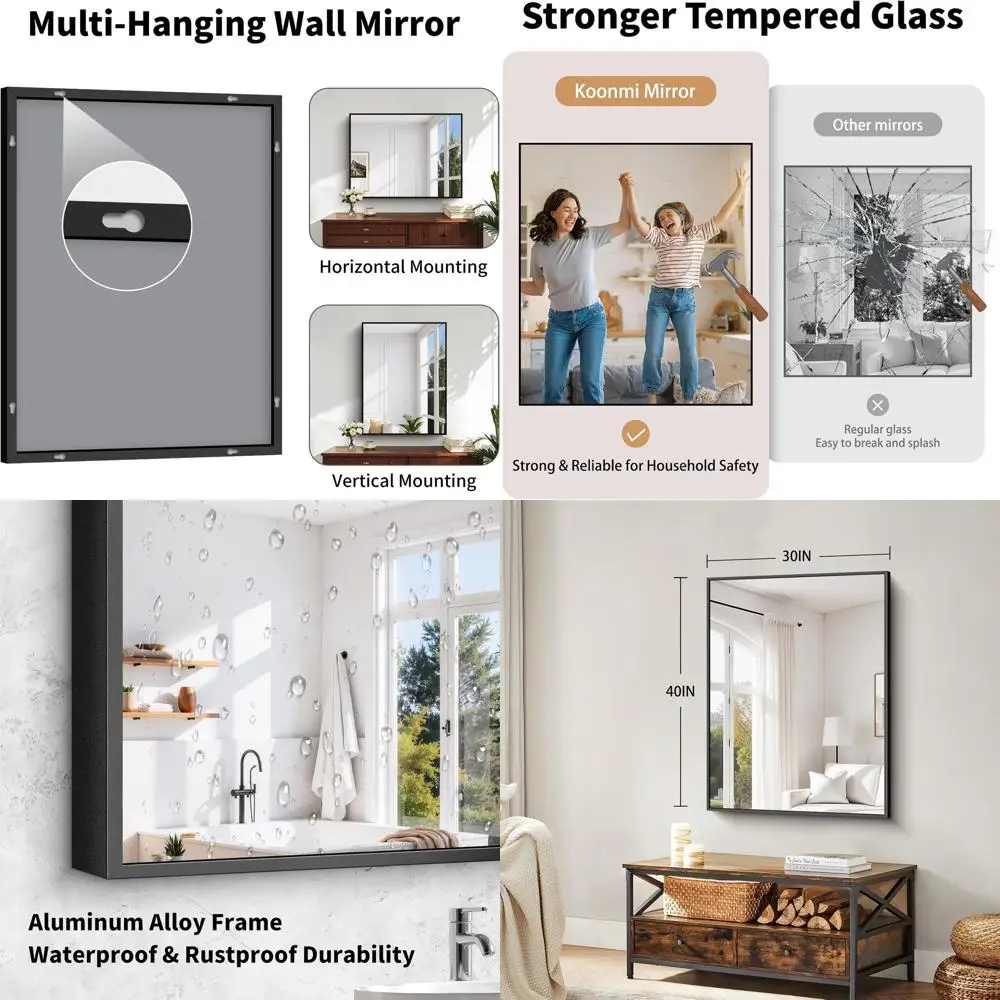 

Horizontal Mount 30x40 Tempered Glass Bathroom Mirror with HD No Distortion and Matte Alloy Frame
