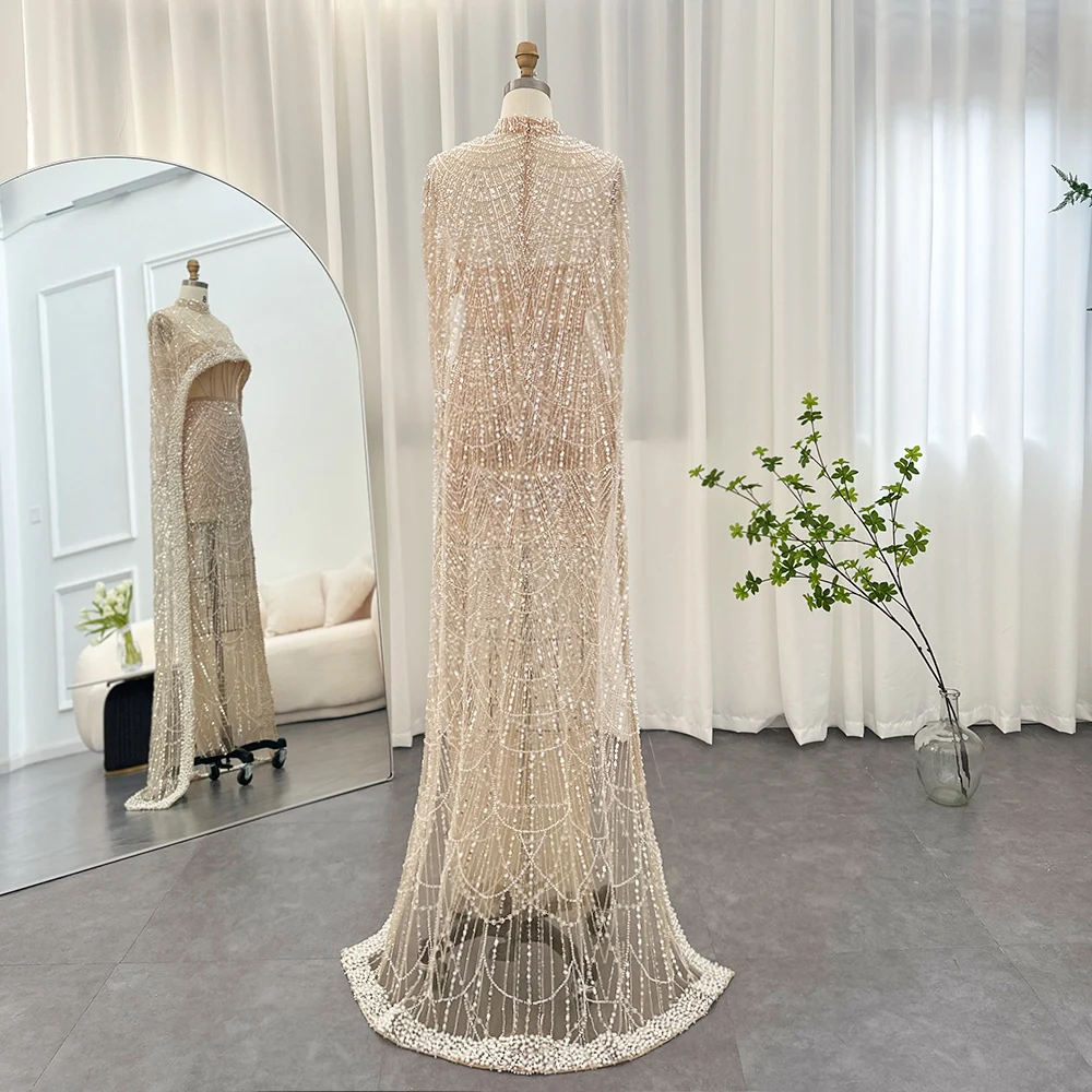 Sharon Said Luxus-Perlen Dubai Champagner Meerjungfrauen-Abendkleider mit Cape-Ärmeln Arabisches Hochzeits- und Abschlussballkleid SS369 Maßanfertigung – Detail 15