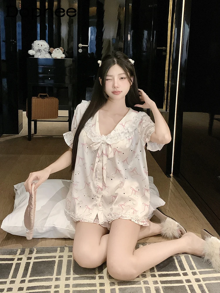 2025 New Summer Ice Silk Short Sleeve Pajamas Sweet Girl Thin Cartoon Cute Print Wearable Homewear Set
