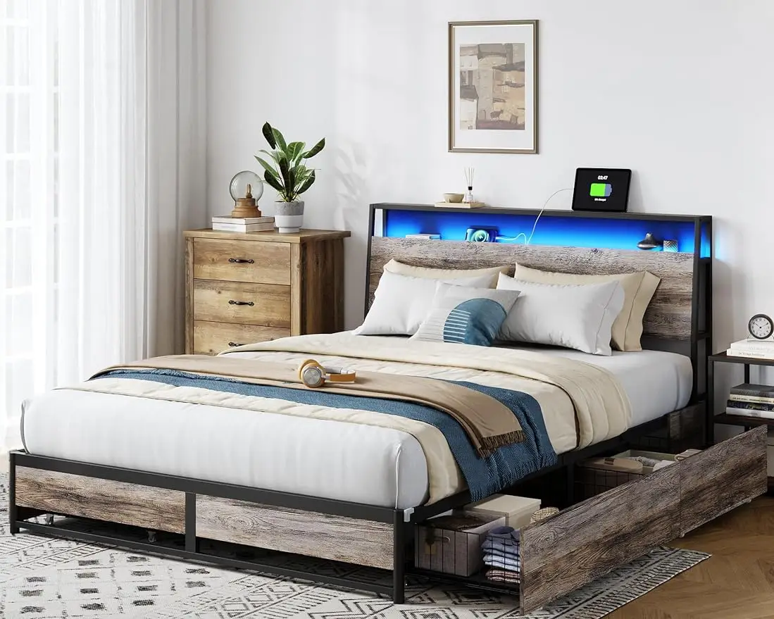 

Queen/Full Bed Frame w/ Ergonomic Headboard & 4 Storage Drawers,Fast Assembly Bed Frame w/LED Lights & Fast Charger,Greige/Brown