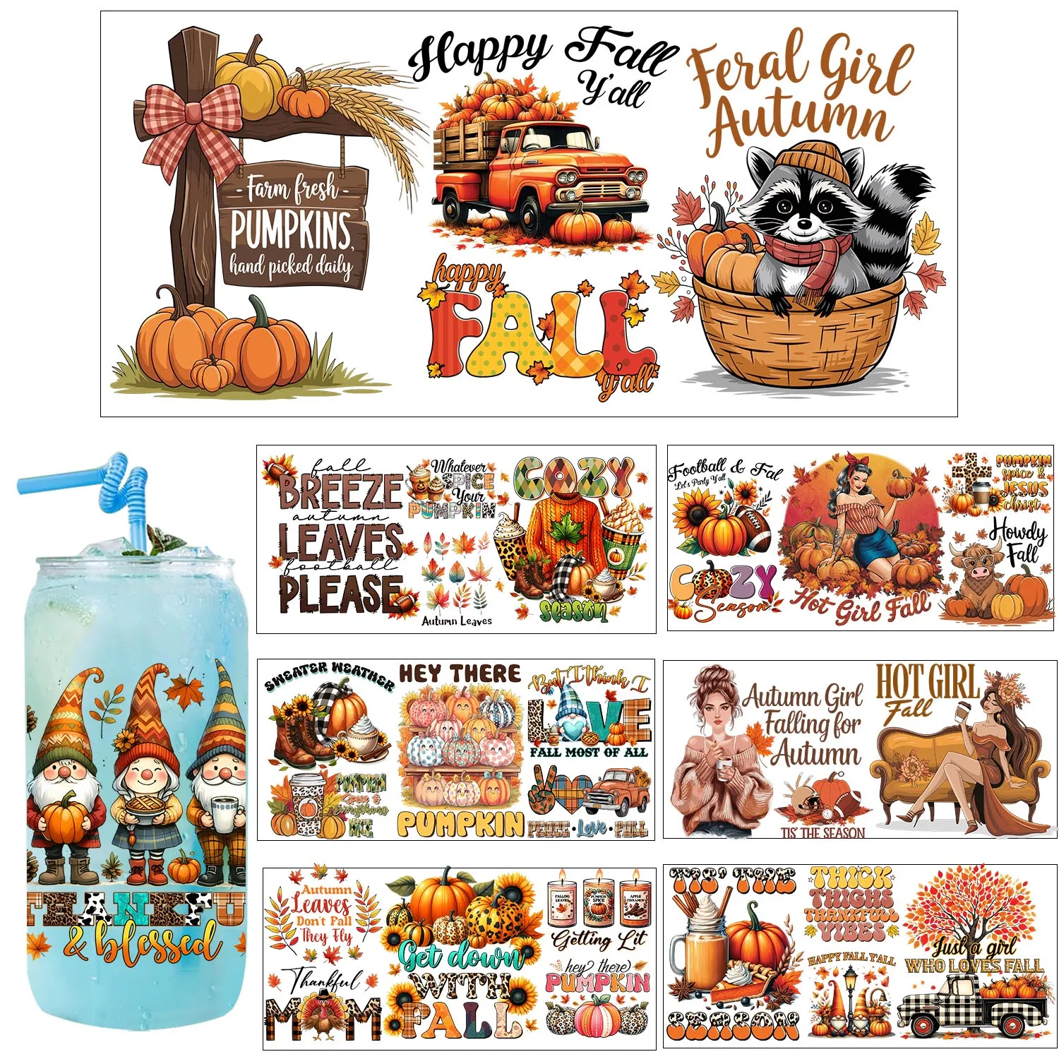 Autumn Fall cozy Cottagecore vibe UV DTF Sticker DIY Decals 3D transfers uvdtf stickers 16oz uv dtf cup wraps for Libbey Glasses