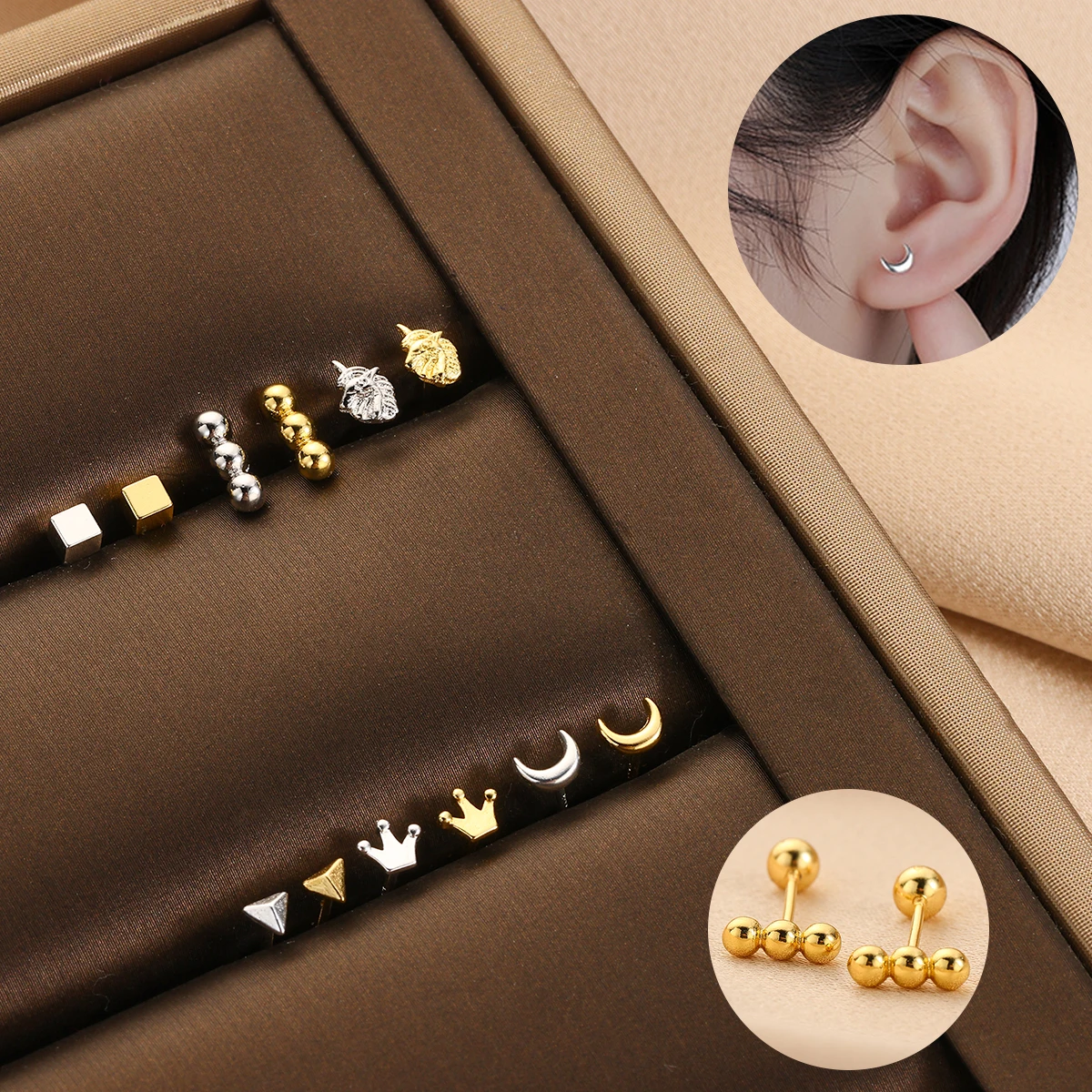 Minimalism Geometric Stud Earrings for Women Korean Fashion Square Triangle Moon Ear Studs Teen Simple Ear Piercing Jewelry