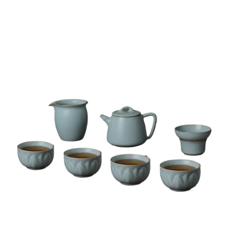 Teapot set living room household kung fu tea set antique Ru porcelain handmade ceramic gifts