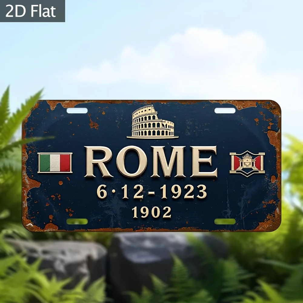 Metal License Plate Sign -  Distressed Blue Aluminum Wall Art with Colosseum Design, Pre-Drilled Holes for Easy Installation, Pe