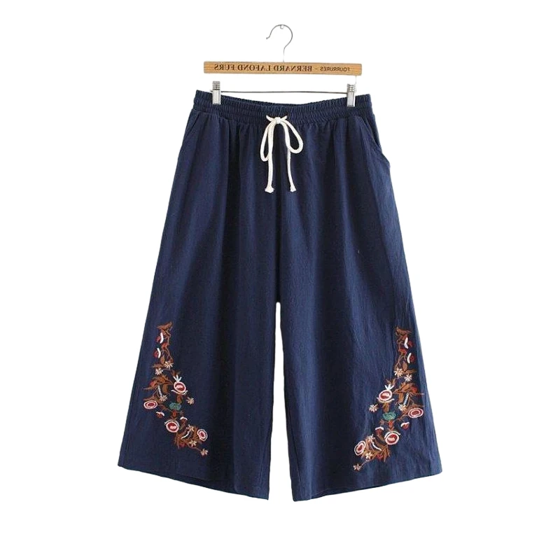 Lady Summer Cropped Pants Women Retro Literary Embroidery Floral Pants Imitation Cotton Linen Casual Loose Wide Leg Trousers