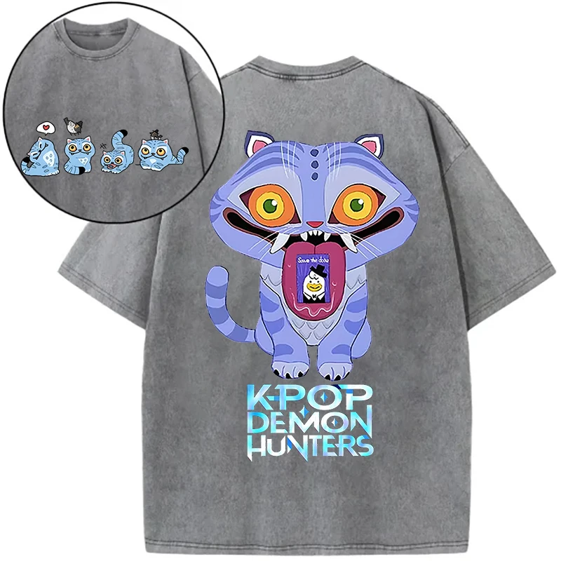 Derpy Tiger Hot Movie Print Shirts for Women Cartoon Anime Washed Cotton Tee K-Pop Demon Hunters Tiger Harajuku T-shirt Tops image 4
