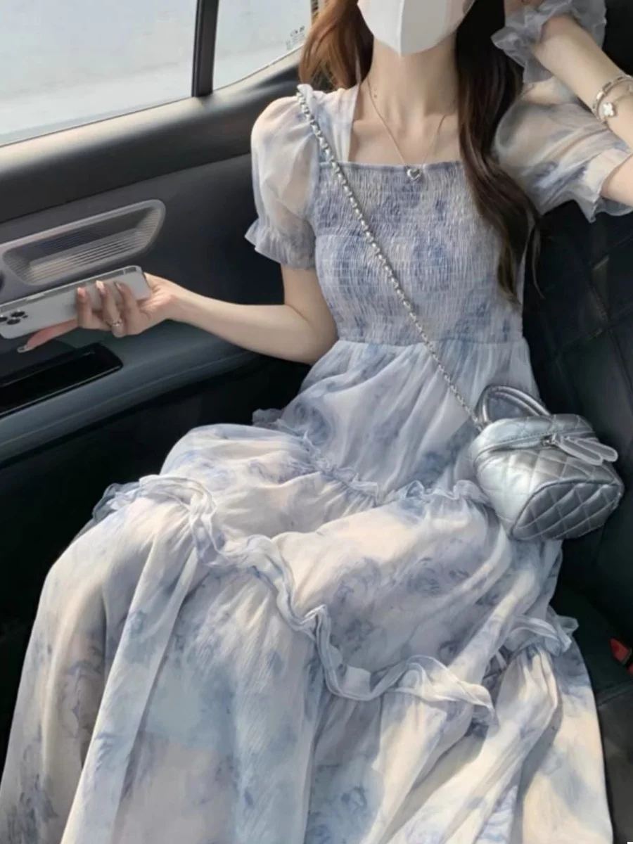 

2024 Summer New Women Dress French Retro Floral Printed Square Neck Short Puff Sleeve High Waist A Line Loose Long Dresses