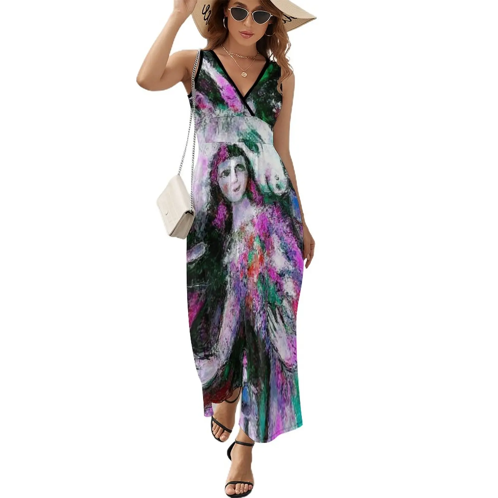 

LADY WITH FLOWERS : Chagall Style Abstract Print Sleeveless Dress dress summer 2024 women festival outfit women Evening gown