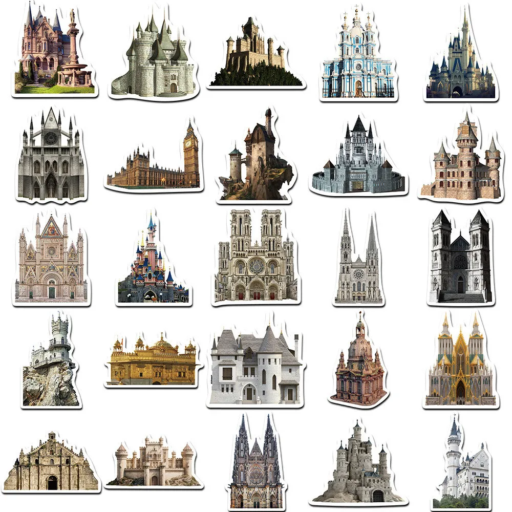 50 عبوة من ملصقات بناء قلعة العصور الوسطى العتيقة - ديكور مقاوم للماء لحساب اليد والدراجة والحرف اليدوية (متجر عوالم الرسوم المتحركة)