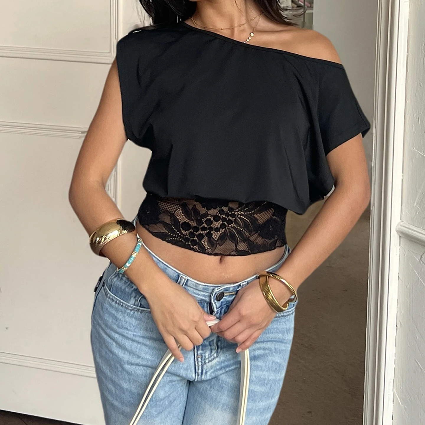 Elegant Patchwork Lace T-Shirt See Through Slim-Fitting Crew Neck Off-Shoulder Tees Women 2026 Fashion New （Two Design Styles） image 2