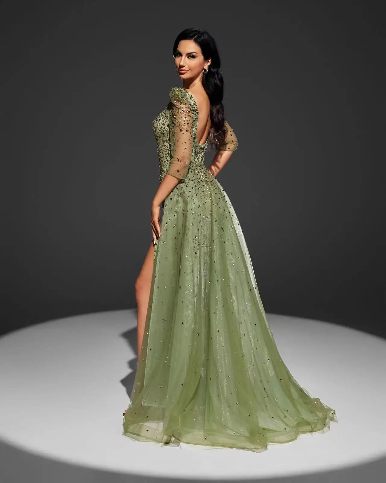 فستان سهرة Shalimar Zhang Green Arabia بأكمام طويلة وحزام فاخر للمضيف حسب الطلب