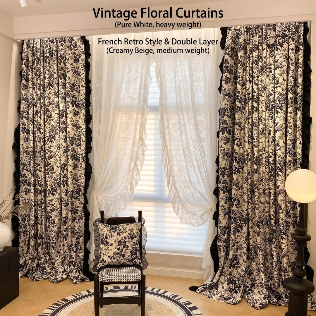French retro shading curtains Living room bedroom bay window balcony black floral lace curtain+white jacquard gauze curtain