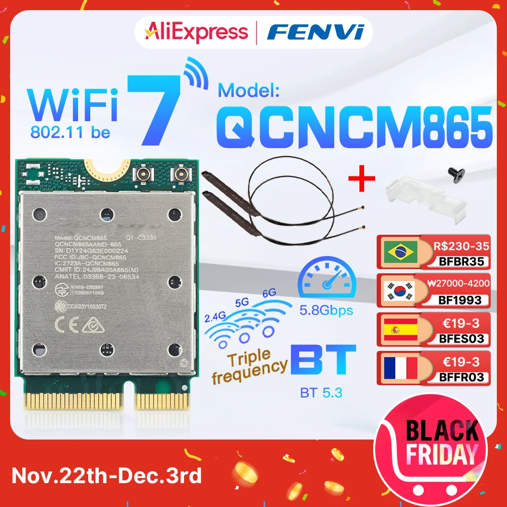 fenvi Wifi 7 QCNCM865 M.2 Network Card Bluetooth 5.3 up to 5.8Gbps Better than Wifi 6E Wlan Wireless Adapter Only for Win 11Wu