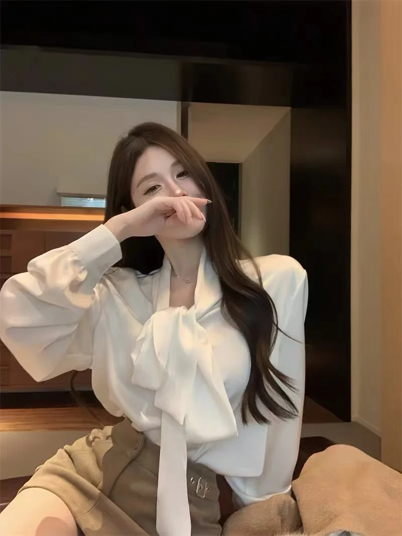 Raso di seta lungo Sve irt Donna Inizio autunno Bianco irt Design delicato Nodo Top Pad oulder Pendolarismo Sle Slim Fit