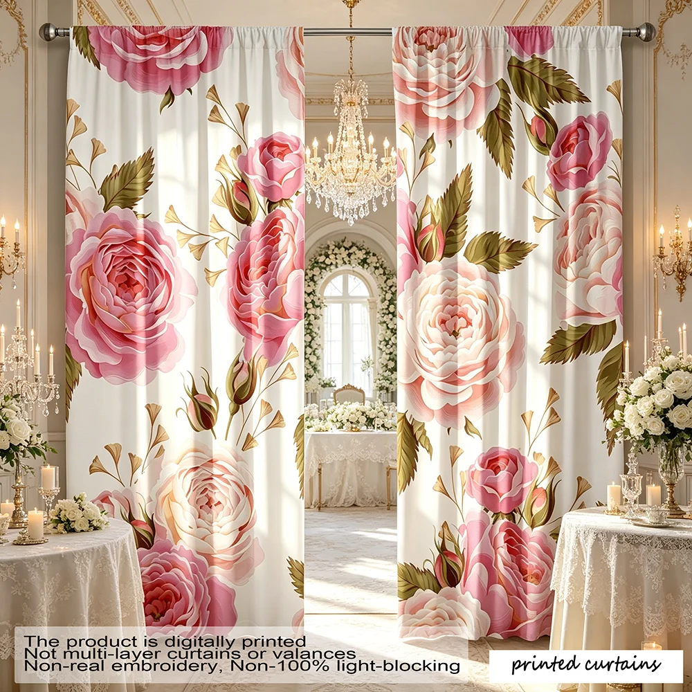 2PCS Large Pink Rose Floral Print Curtains, Applicable to Floral Curtains, Window Curtains, Print Curtains, Curtains for Bedroom