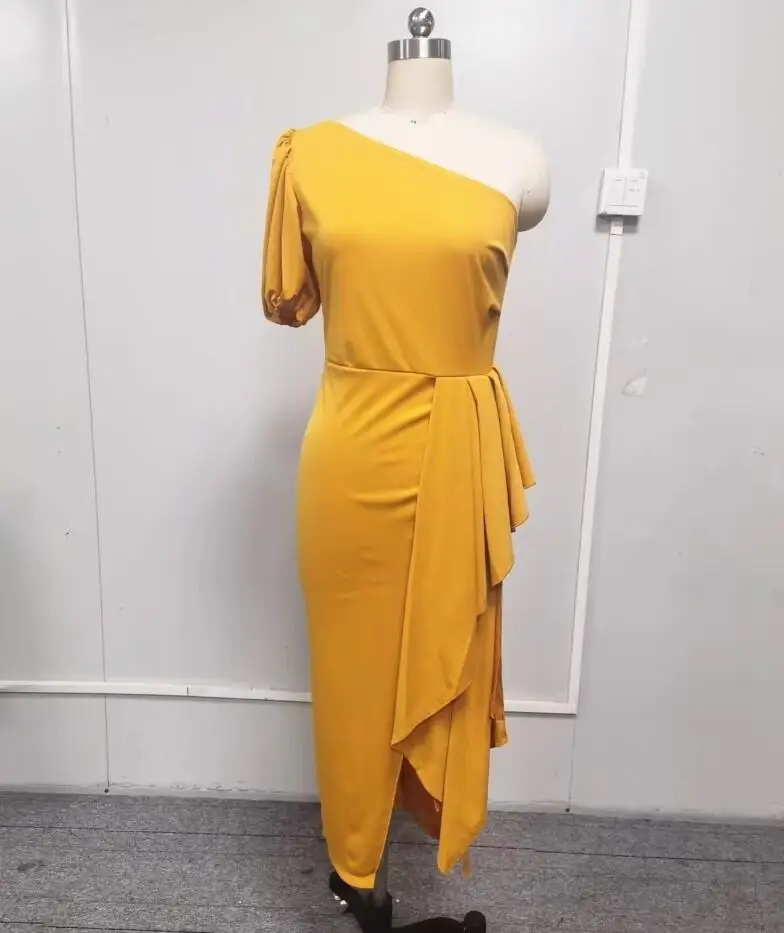 Spring/Summer New Sexy One Shoulder Split Fashion Bubble Sleeves Slim Fit Solid Color Dress For Women,3 Colors